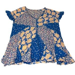 Free People Floral Patchwork Tunic Top Dress Blue Ruffle Sleeve Large Oversized
